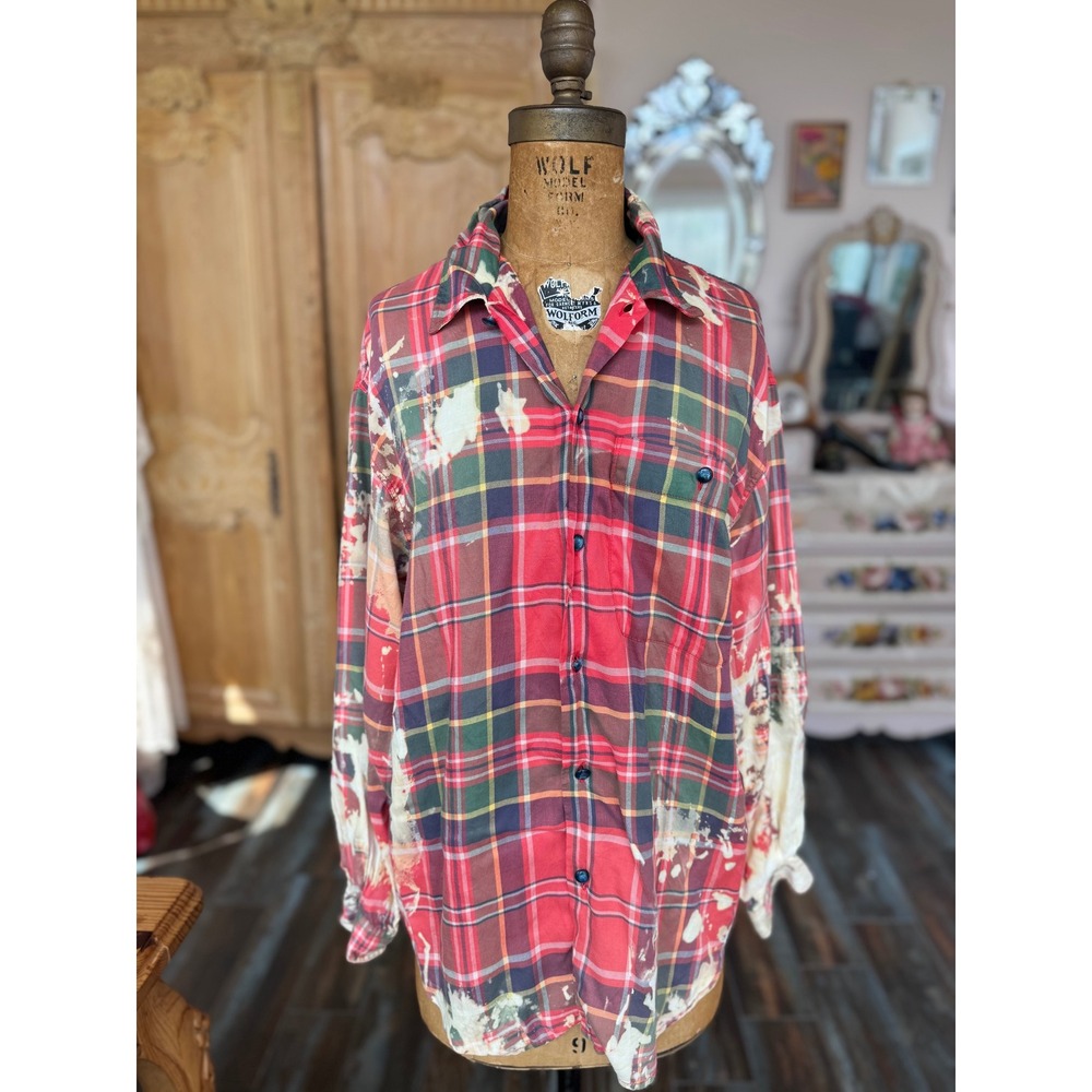Upcycled Floral Flannel Shirt Rayon Bleach Art Medium Boho - Picture 6 of 8